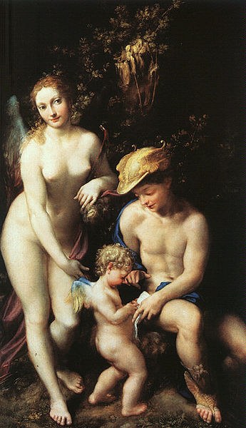 Hermes teaching Baby Eros How to Read while mother, Aphrodite looks on
